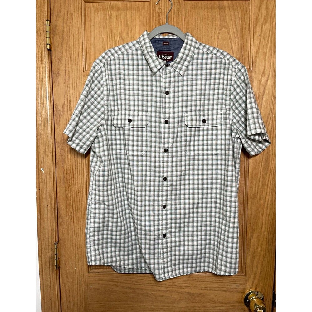Alesbury Mens Large Plaid Short Sleeve Button Down Shirt White Gray Check Casual